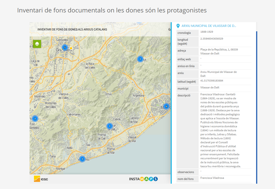 mapa dels arxius catalans que contenen Fons documentals on les dones són protagonistes