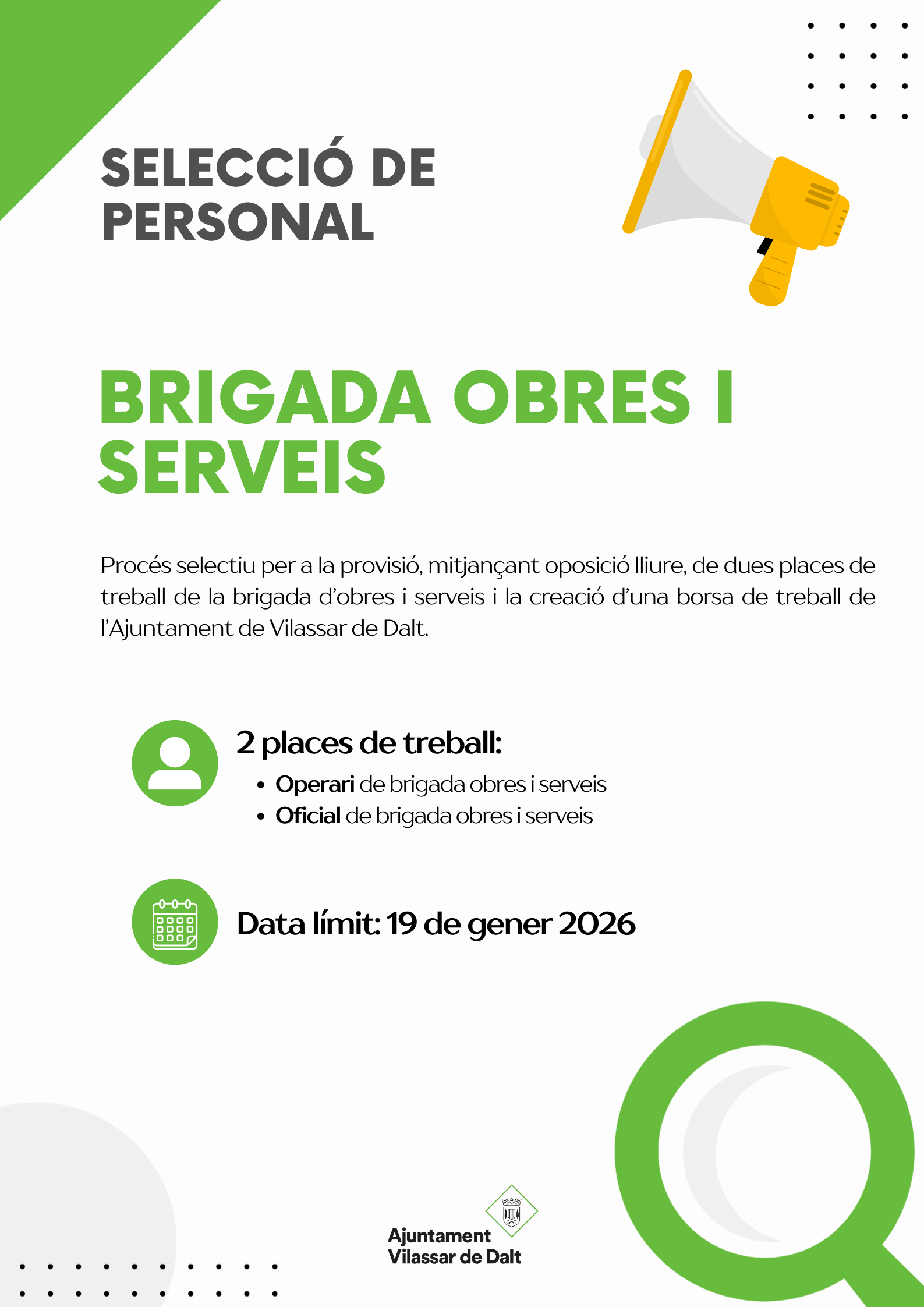 Proc&eacute;s selectiu per cobrir dues places de la brigada d'obres i serveis